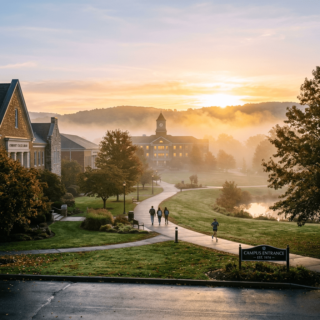 College campus walkway at sunrise with mist and people walking and jogging
