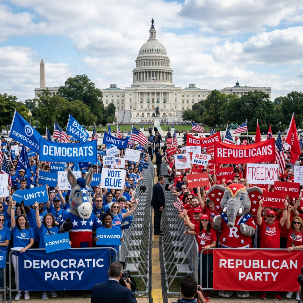 Crowds of Democratic and Republican supporters holding banners and flags in front of the U.S. Capitol