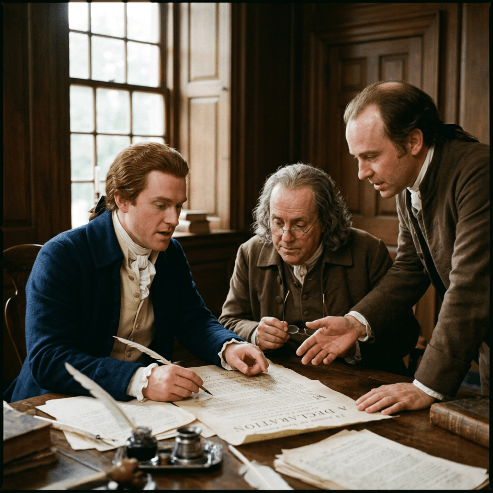 Three men in period clothing reviewing and signing a handwritten historical document on a wooden table
