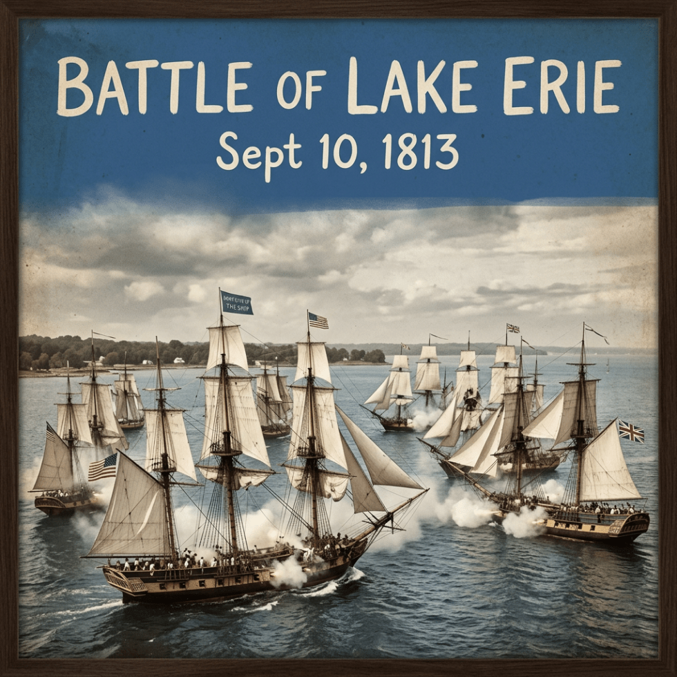 Battle of Lake Erie, Sept 10, 1813, depicted with sailing warships exchanging fire
