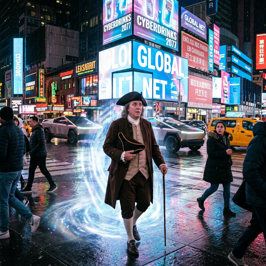 Costumed 18th-century man walking through rainy Times Square with futuristic cars